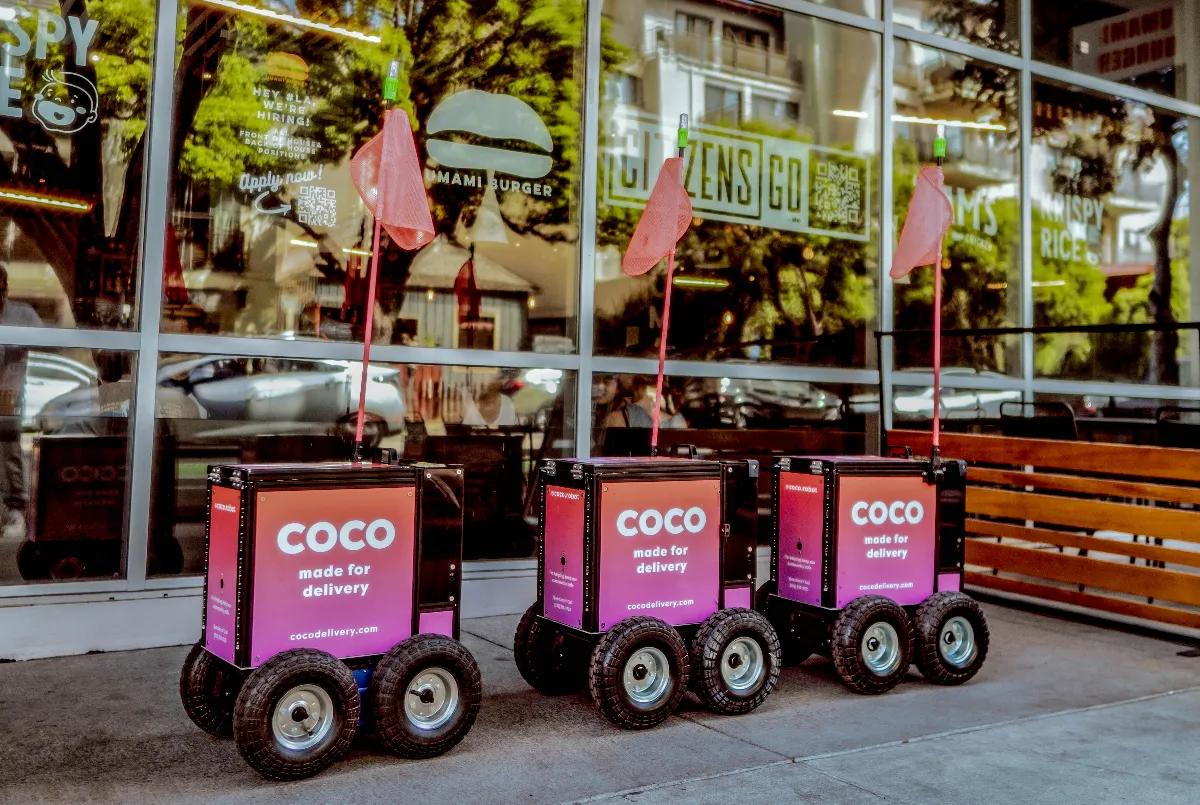 Coco delivery bots in front of one of C3's digital kitchens in Southern California