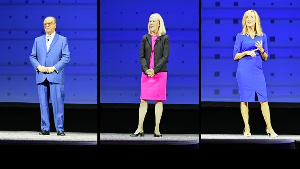 Three vertical images of a man and two women on a stage.