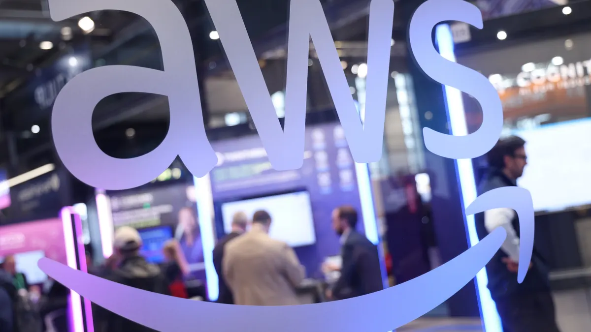 The AWS Amazon Web Services pavilion stands are seen at the 2025 Hannover Messe industrial trade fair on March 31, 2025 in Hanover, Germany.