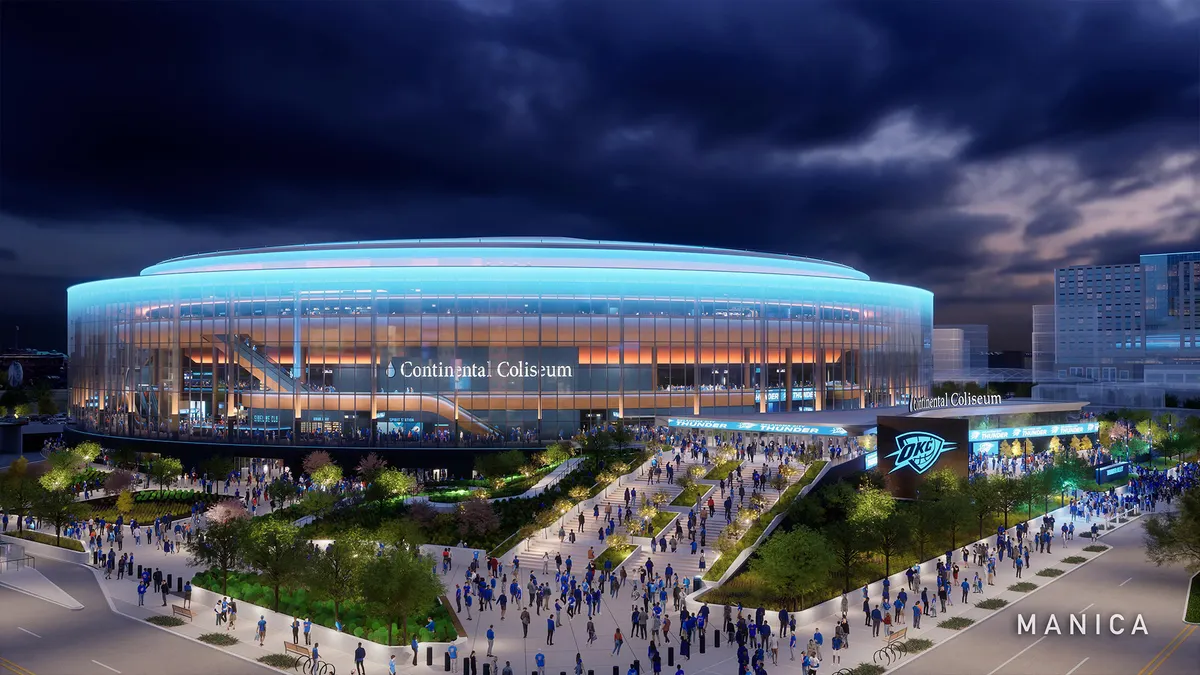A rendering of a basketball arena at night.