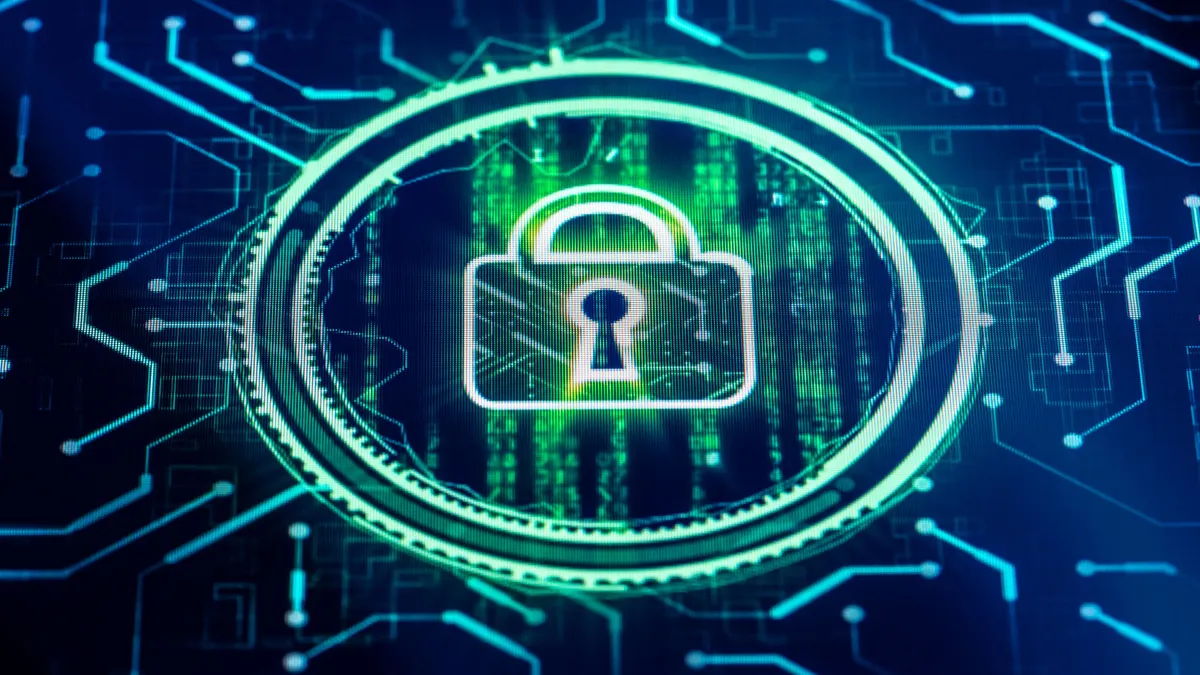 A white-outlined padlock on top of green and blue abstract code, network nodes and connections.