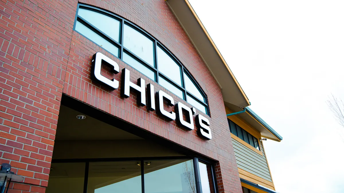 A closeup of a storefront that says "Chico's."