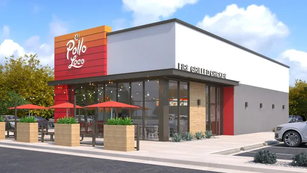 A rendering if a red and orange building with El Pollo Loco signage.