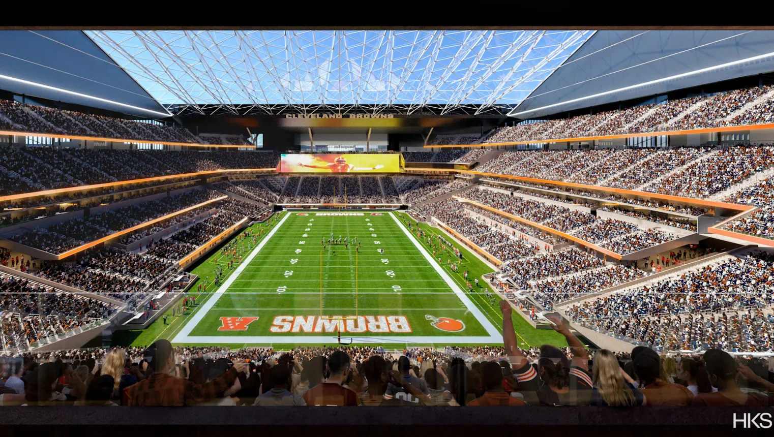A rendering of a packed football stadium with a glass roof on a sunny day. Teams play each other.
