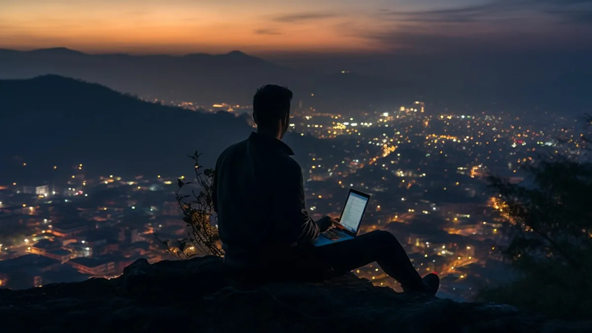 man on laptop sitting on a hill looking at the sky