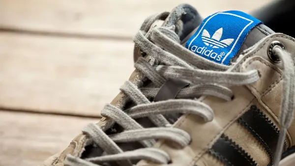 A closeup of a used Adidas sneaker on a wood floor.