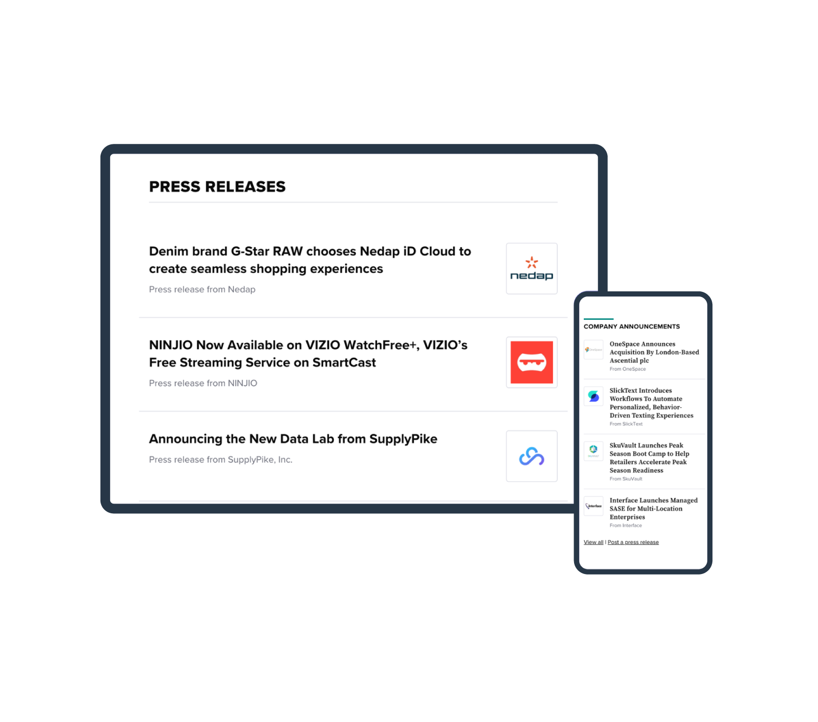 Preview of the tablet and mobile views of the Industry Dive press releases page.