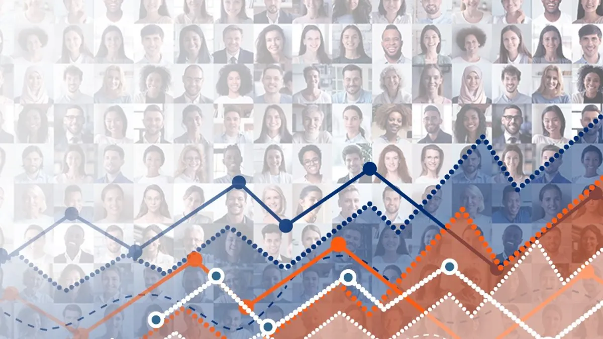 Line graph with collage image of headshots in the background