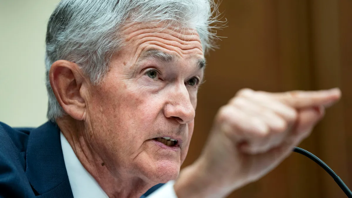 Federal Reserve Bank Chair Jerome Powell speaks during a congressional hearing.