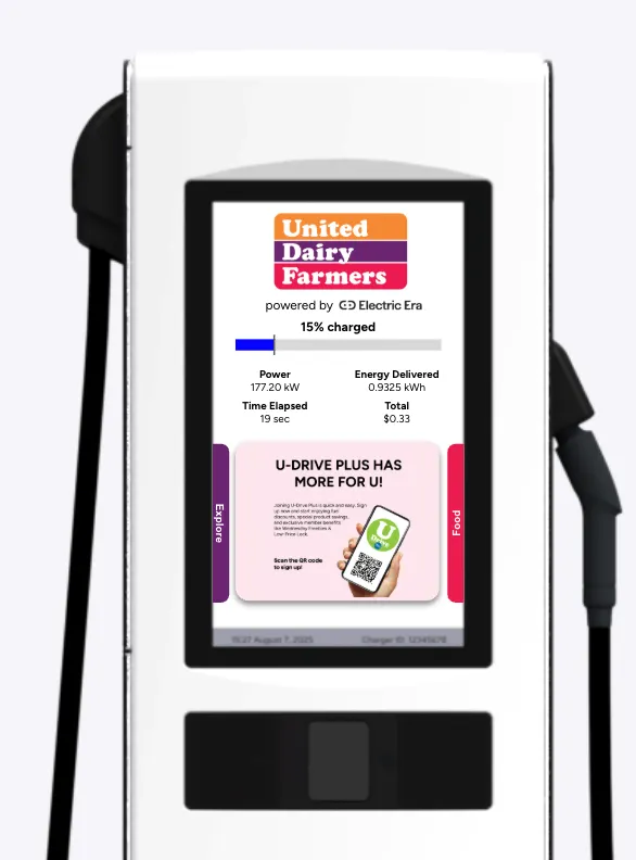 A photo of an EV charger. The screen has a logo of UDF and says "Powered by Electric Era. 15% charged." along with an ad for UDF's loyalty program.