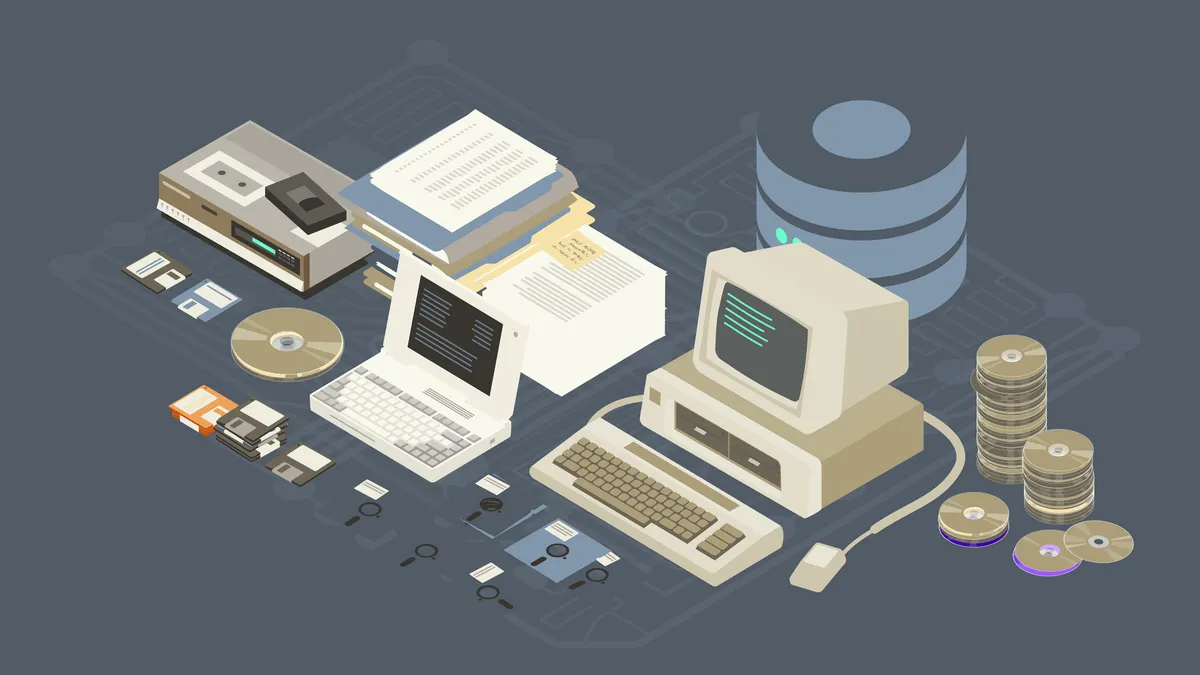 Legacy data is illustrated in a variety of forms here, including: CD roms, CDs, floppy disks, diskettes, stacks of paper, file folders, old computers, and a 3D generic data symbol
