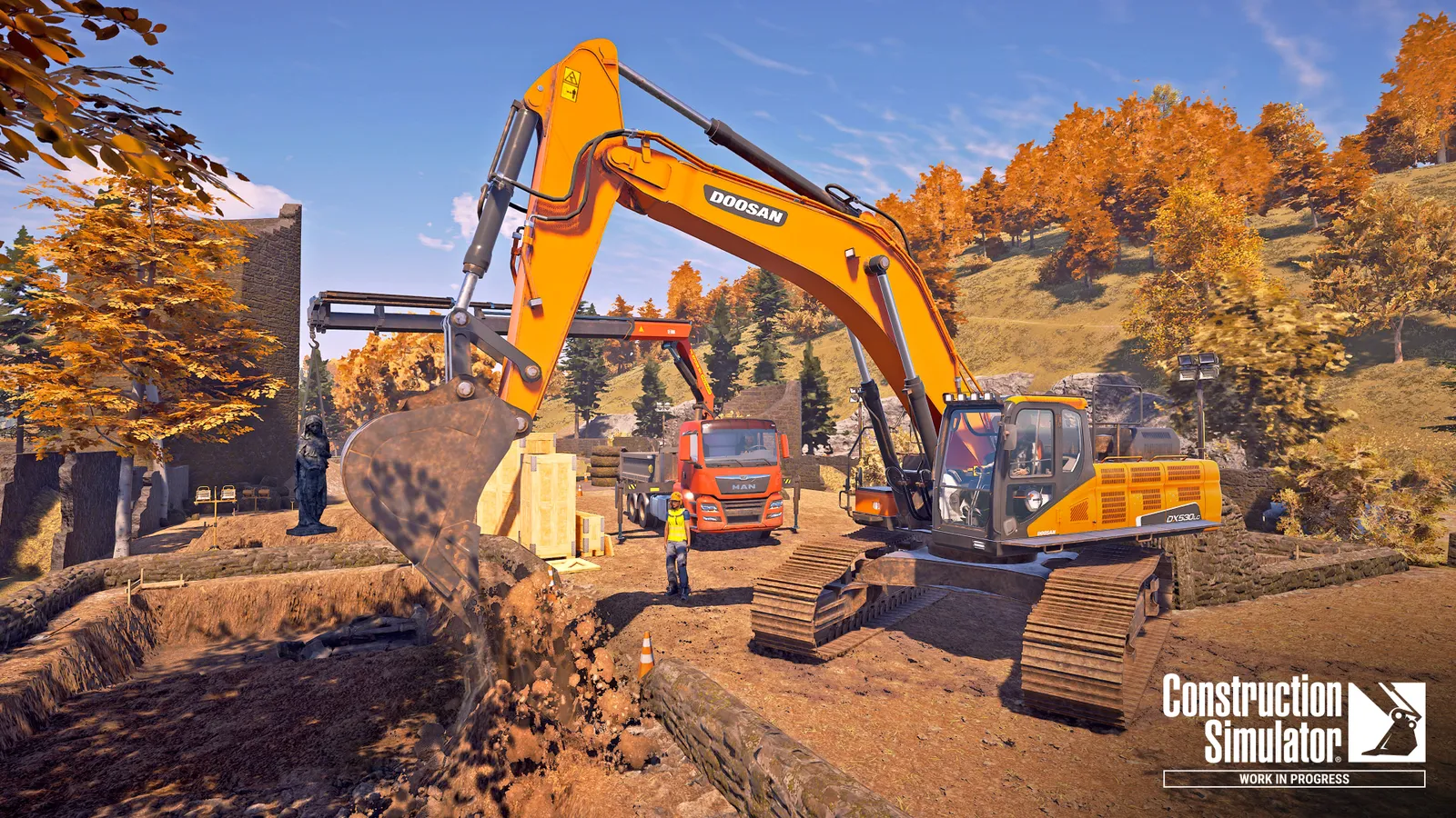 A player using a construction worker in Construction Simulator stands in the foreground as another player operates heavy machinery with dirt.