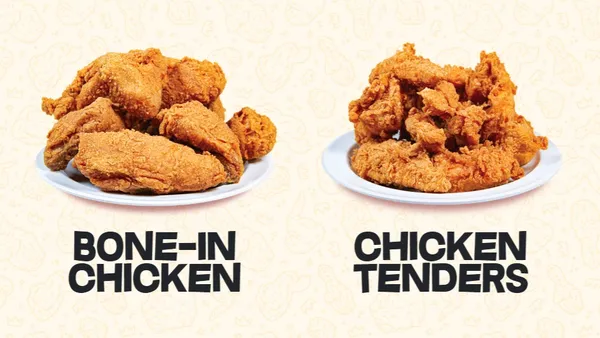 A photo of two white plates of fried chicken, one of which has bone-in chicken and the other which has tenders.