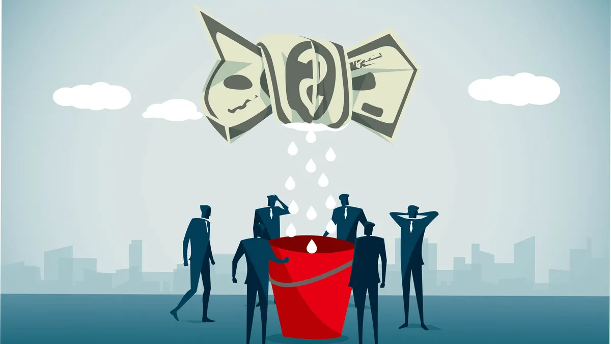 People are collecting water droplets wrung out with dollars using a red bucket.