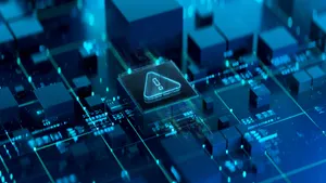 A close-up digital illustration portrays cybersecurity with a futuristic theme