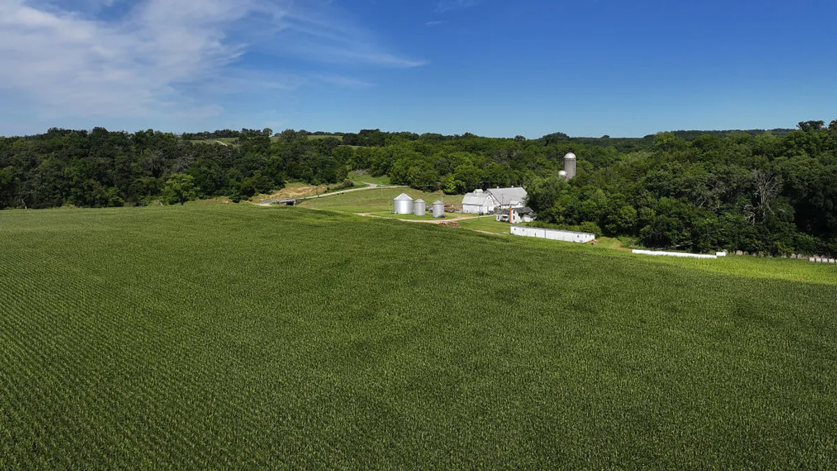 Corn grows in a field with a home in the background