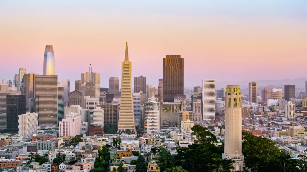 Aerial view of skyscraper buildings in San Francisco financial district during dusk