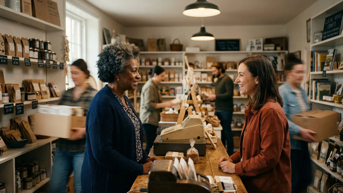 A shopkeeper and customer smilling at each other