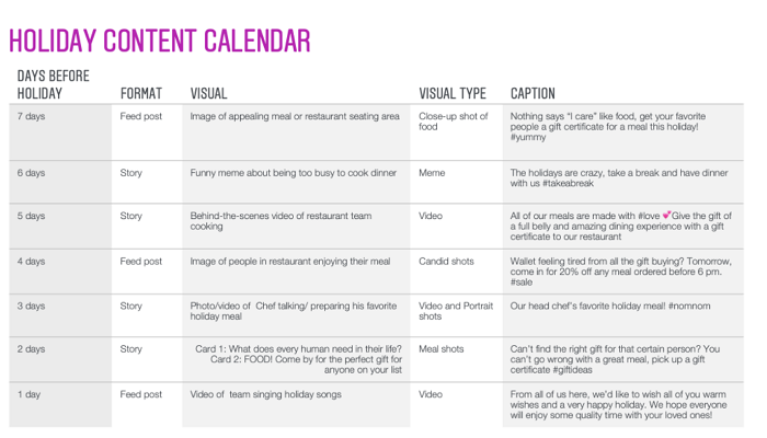 Instagram holiday planning calendar 