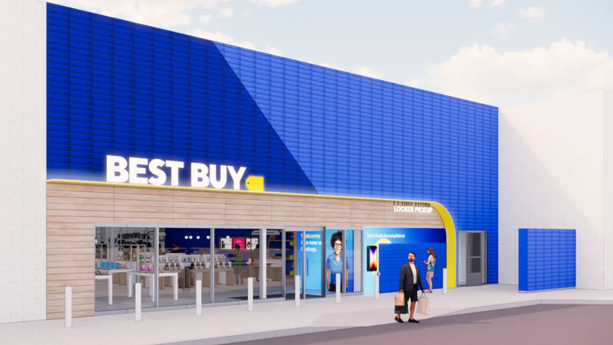 A digital mock up of the outside of a new small format Best Buy location.