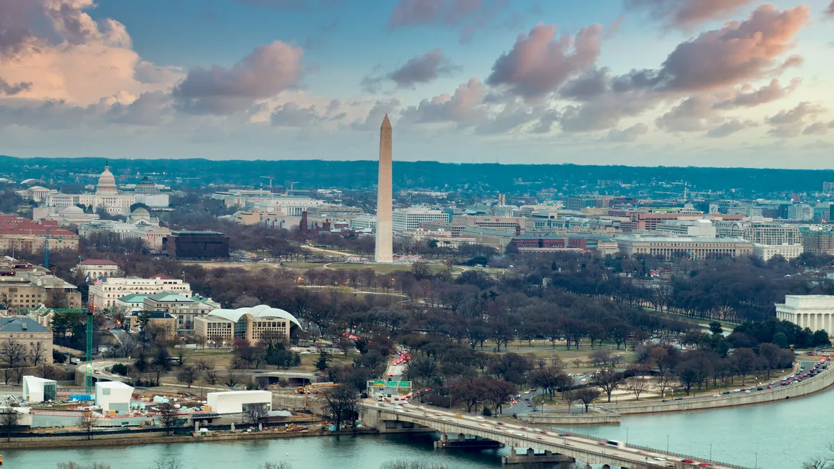 Aerial view of the city of Washington DC including the Capitol, the Washington Monument, the National Mall and the Lincoln Memorial at the blue hour