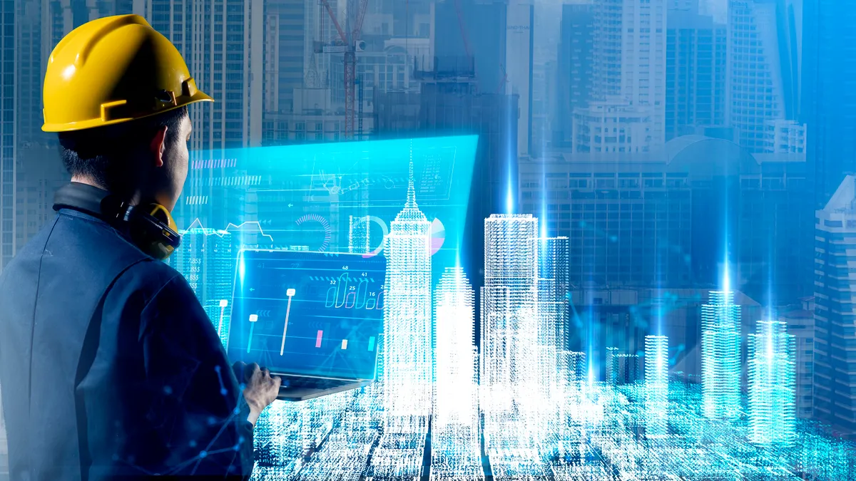 A civil engineer views a smart city building design using an AI-based digital technology hologram