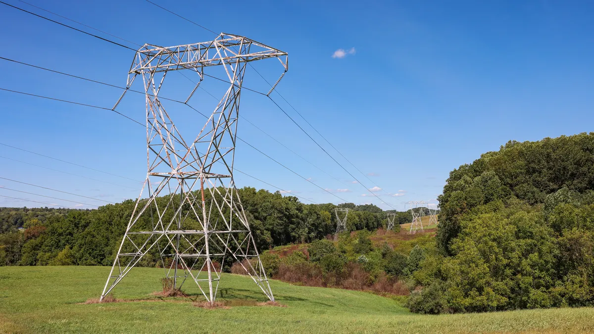 Electric transmission lines running through the woods.