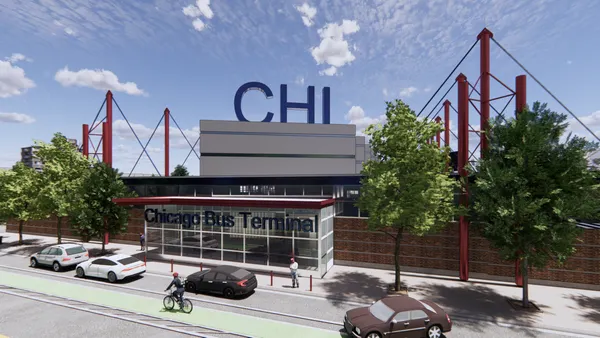 Illustration or a street with cars and a bicycle in front of a low building with a glass front and sign reading "Chicago Bus Terminal."