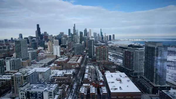 Buildings on the skyline in Chicago, Illinois, seen from the south of the city looking north.
