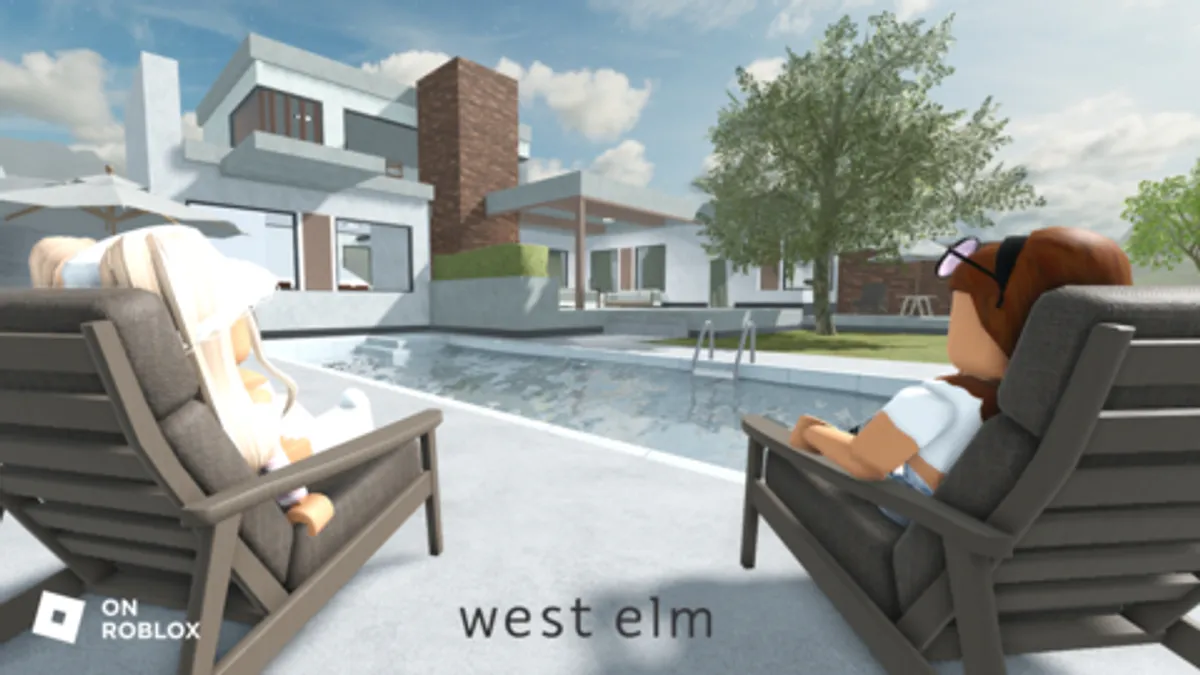 Digital illustration of two characters sitting in chairs by a pool with a large house in the distance.