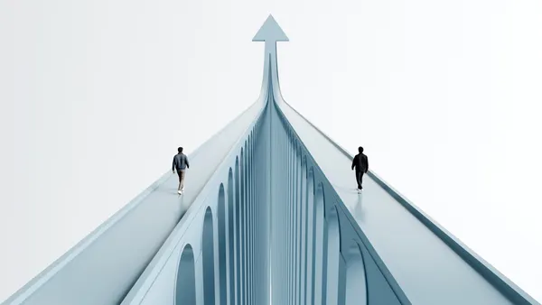 Two man walking on parallel bridges converging into a single upward arrow