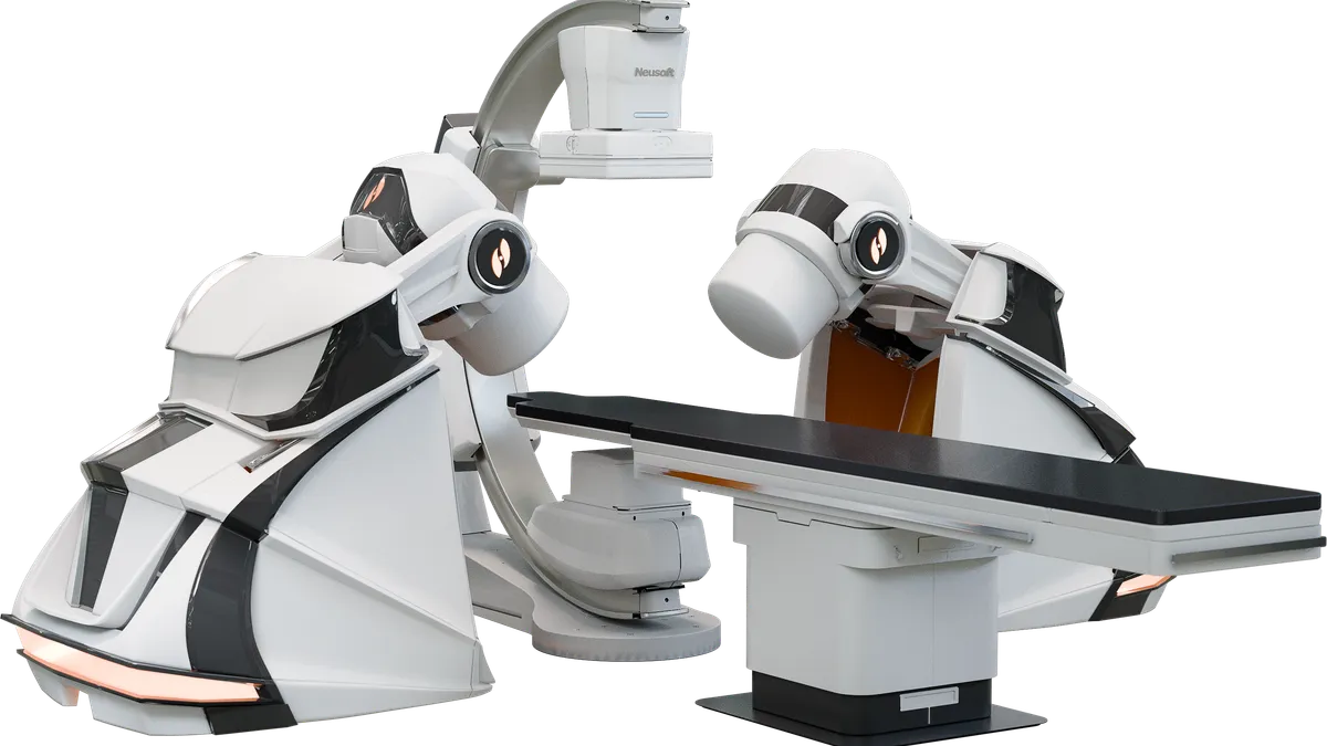 A picture of Stereotaxis' GenesisX surgical robot against a white background.