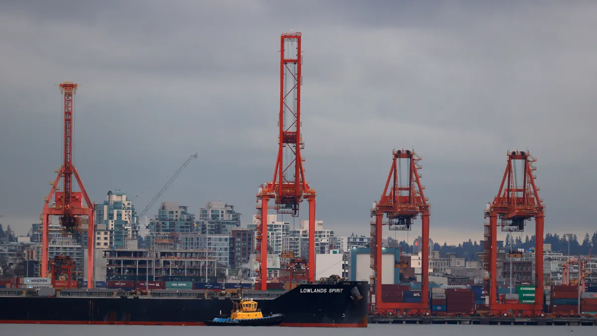 Shipping cranes sit idle at the Port of Vancouver on November 20, 2021 in Vancouver, British Columbia.