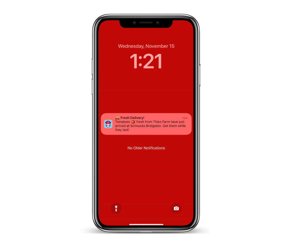 A notification about fresh produce on a smartphone screen