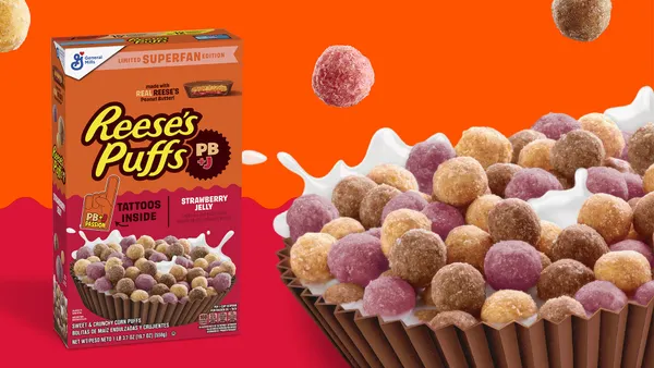 A product shot of Reese's Puffs new peanut butter and jelly offering.