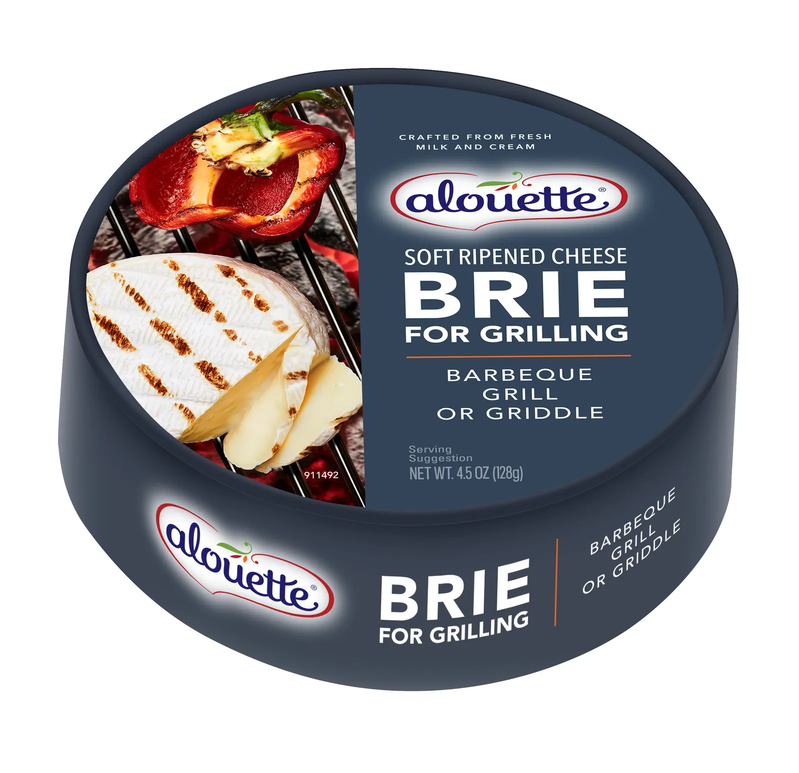 The blue package of a wheel of Alouette Brie for Grilling