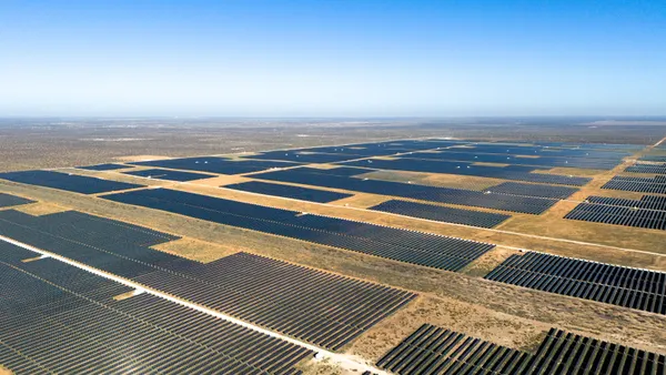 An aerial view of a solar farm.