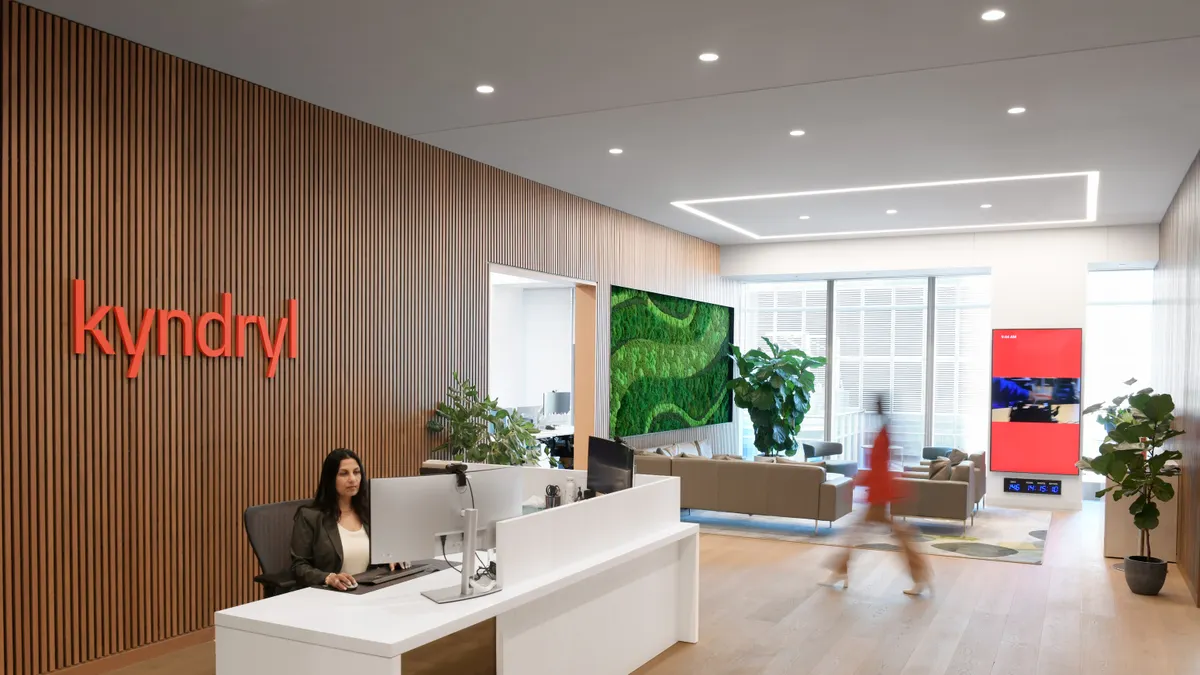 The Kyndryl logo pictured inside the IT infrastructure services provider's headquarters in New York.