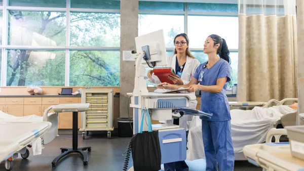 The hospital instructor stands near the nurse to show her how to navigate the computer to insert notes.