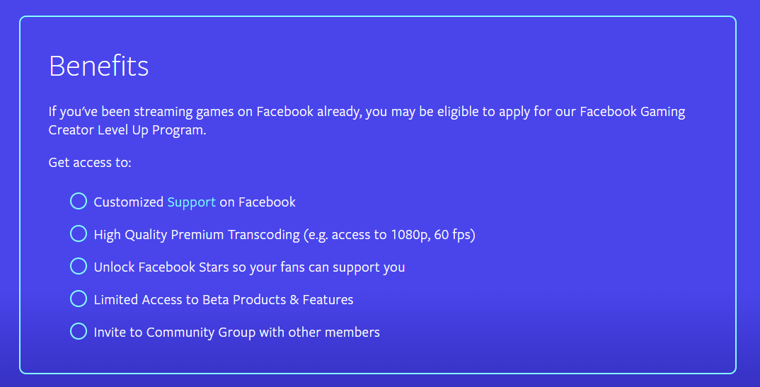 An outline of the benefits of Facebook's 'Level Up' program