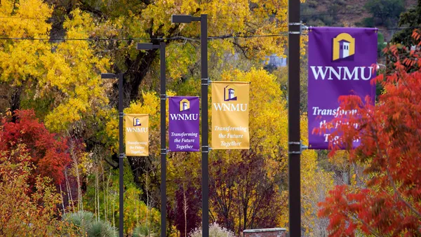 Yellow and purple flags on polls on a college campus