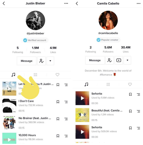TikTok songs on musician profiles
