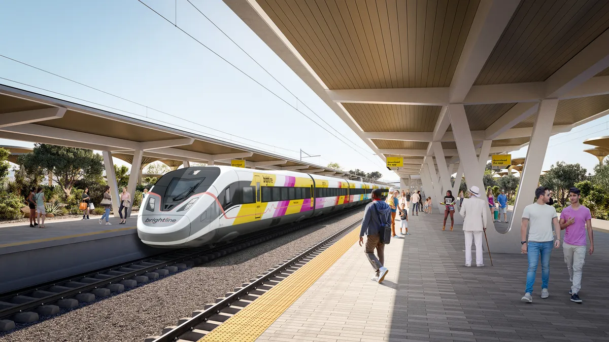 An illustration of a high-speed train at a Brightline West station.