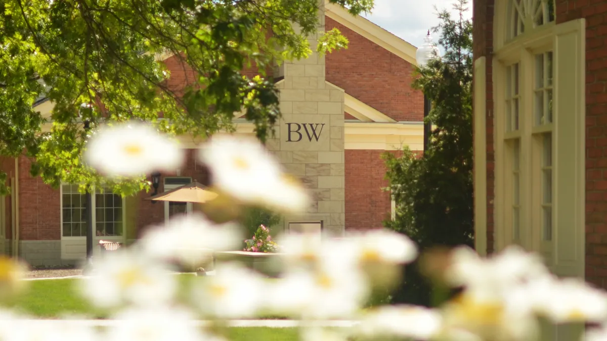 Blurry wildflowers in the foreground and an in-focus building in the middle ground with "B.W" on the wall.