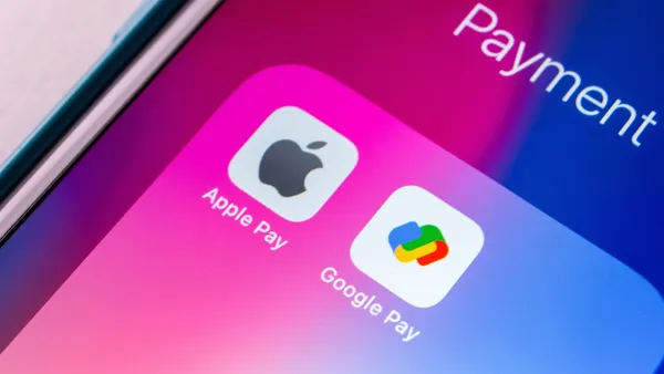 An iPhone displays the Apple Pay and Google Pay apps on a pink and blue abstract background. 