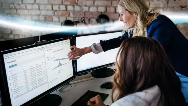 Two-business people looking at details on a desktop computer screen.