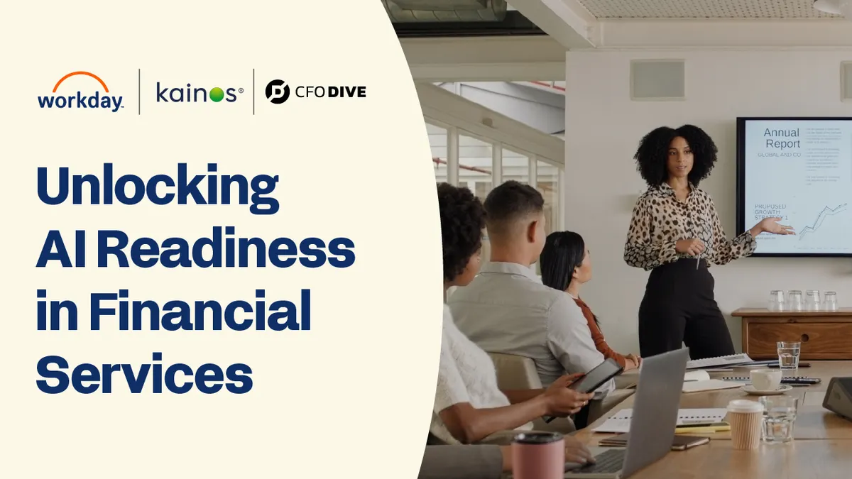 This image depicts the podcast series cover image for Workday's CFO Dive series, "Unlocking AI Readiness in Financial Services"