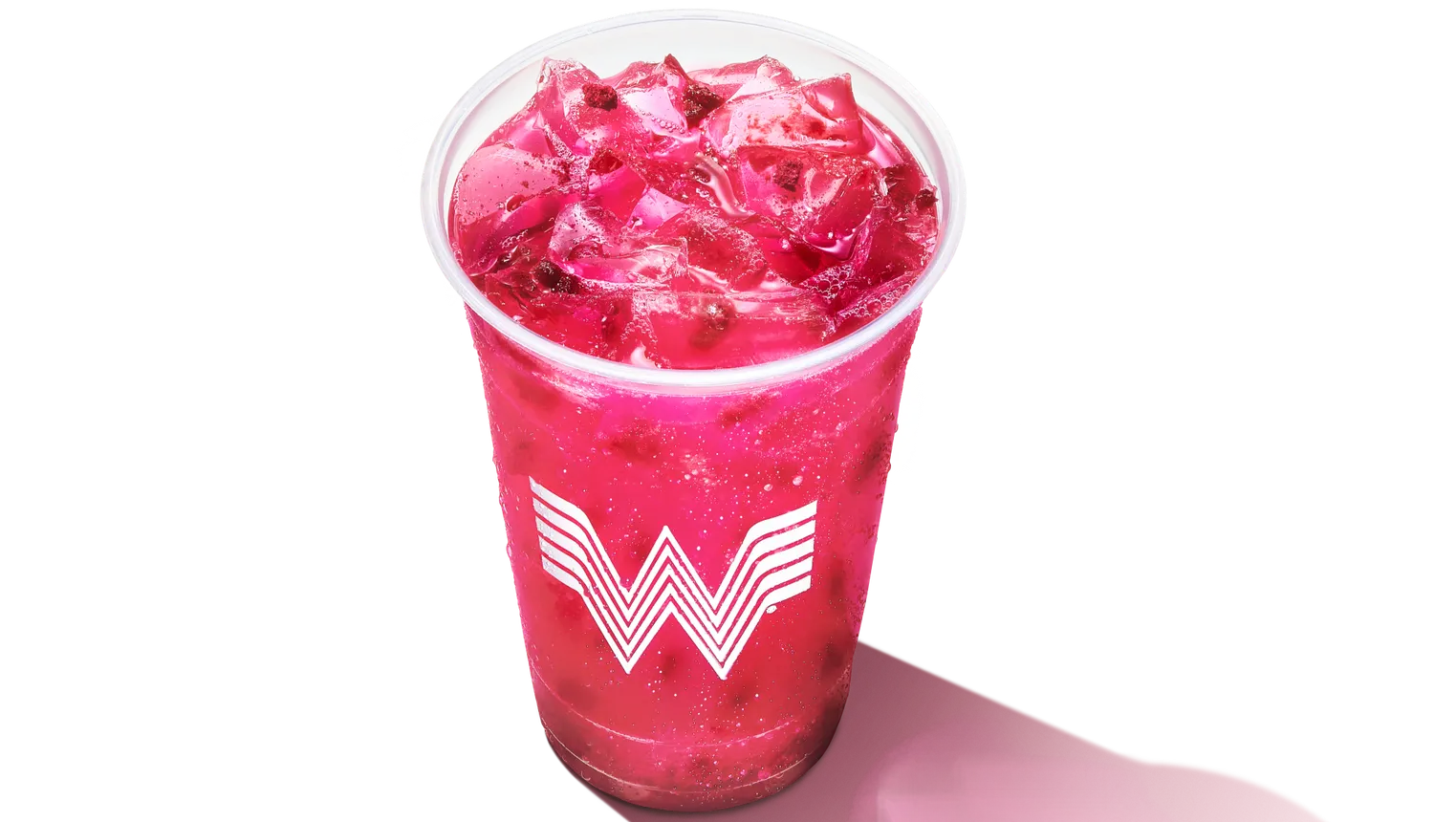 An image of a dark pink drink in a cup with a giant W on it.