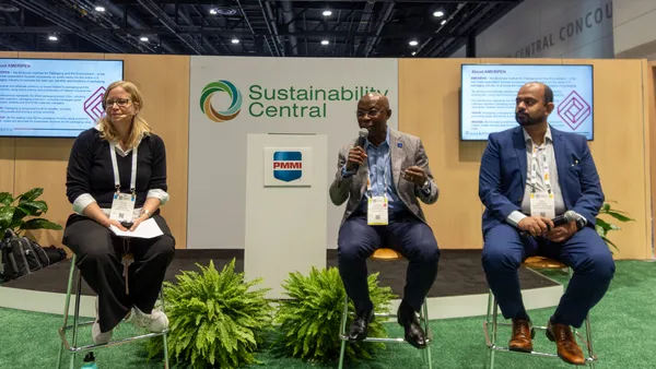 Ameripen Program Director Kyla Fisher (left) moderates a discussion with Michael Okoroafor (center), chief sustainability officer at McCormick & Co., and Neil Menezes (right), packaging sustainability policy manager at General Mills, about how suppliers can help brands complying with packaging EPR programs at Pack Expo International in Chicago on Nov. 5, 2024.