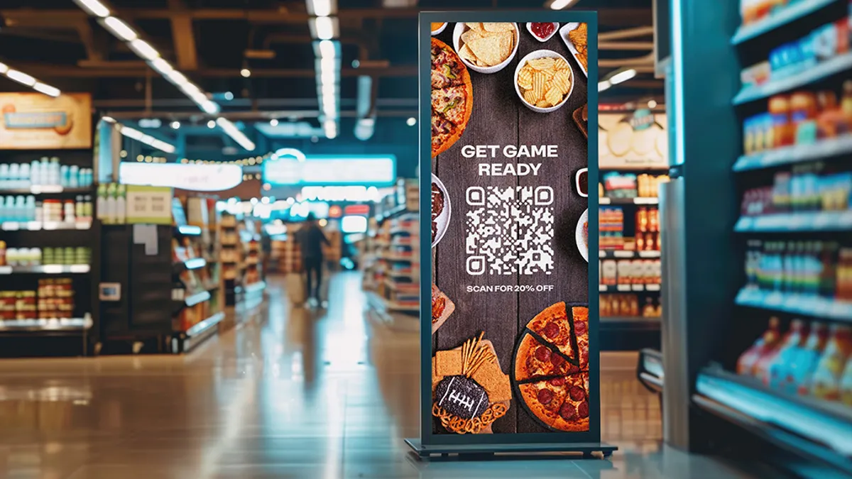 Game day QR code 20% sign in grocery store aisle